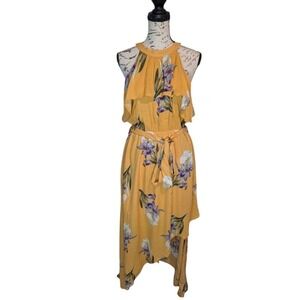 Davi & Dani Mustard Yellow Floral Maxi Dress High Low Ruffle Halter- Large